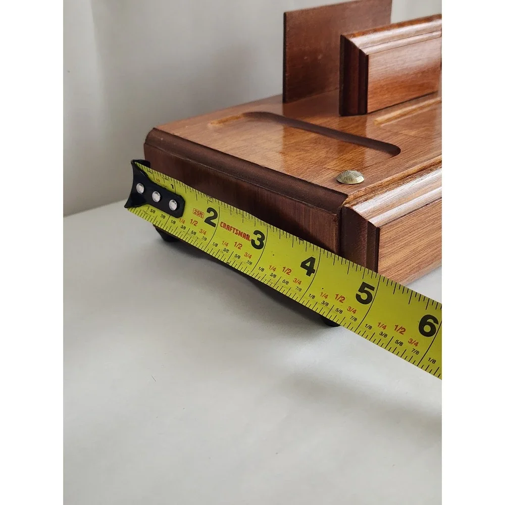 Vintage Wooden Valet Box Desk Organizer Mail Holder Jewelry Drawer Brown Brass